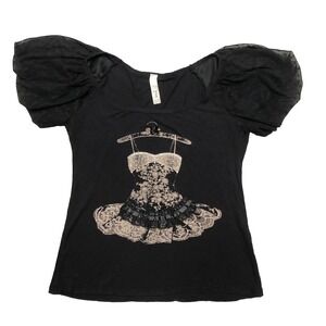 YAG T Shirt M Black Puff Sleeve Ballerina Dress Lace Rhinestones Vintage Y2K